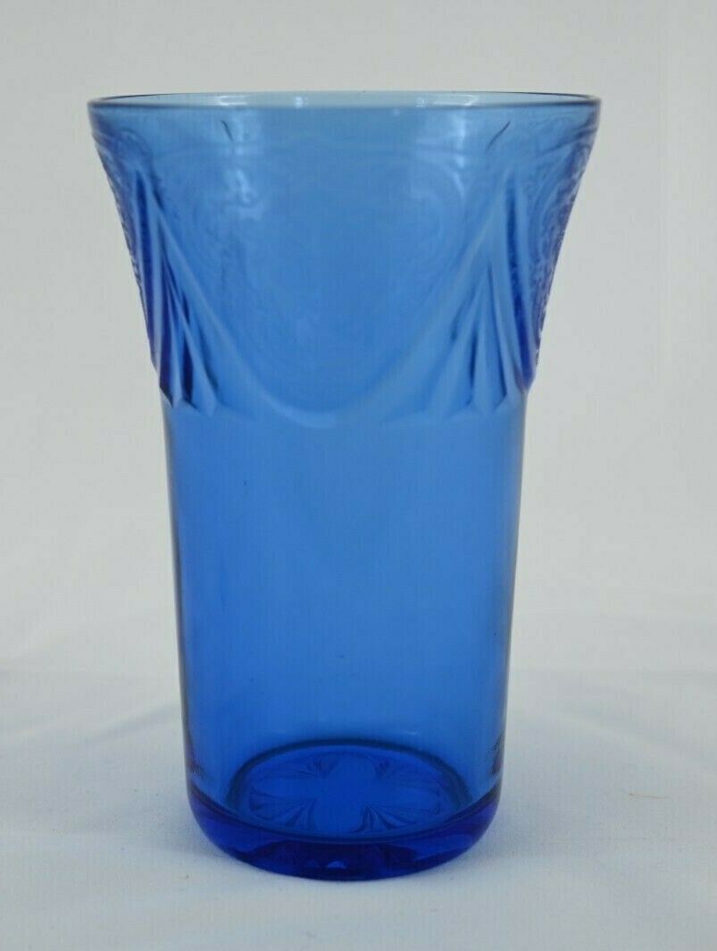 Hazel Atlas Cobalt Blue 12 Oz Royal Lace Depression Glass Tumbler  5 3/8"