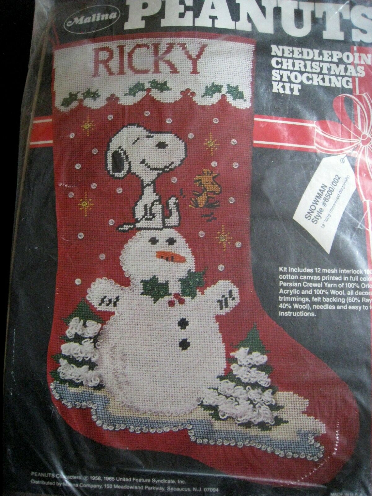 Christmas Malina Needlepoint Stocking Kit,snowman,peanuts,snoopy,schulz,8500/002