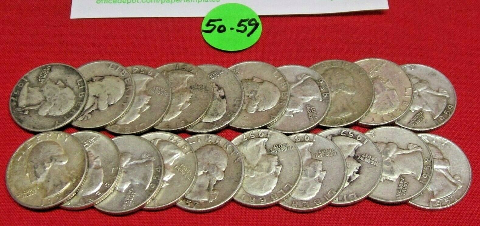 1950-1959 Washington Quarter Half Roll - 90% Silver - Ave. Circulated -20 Coins