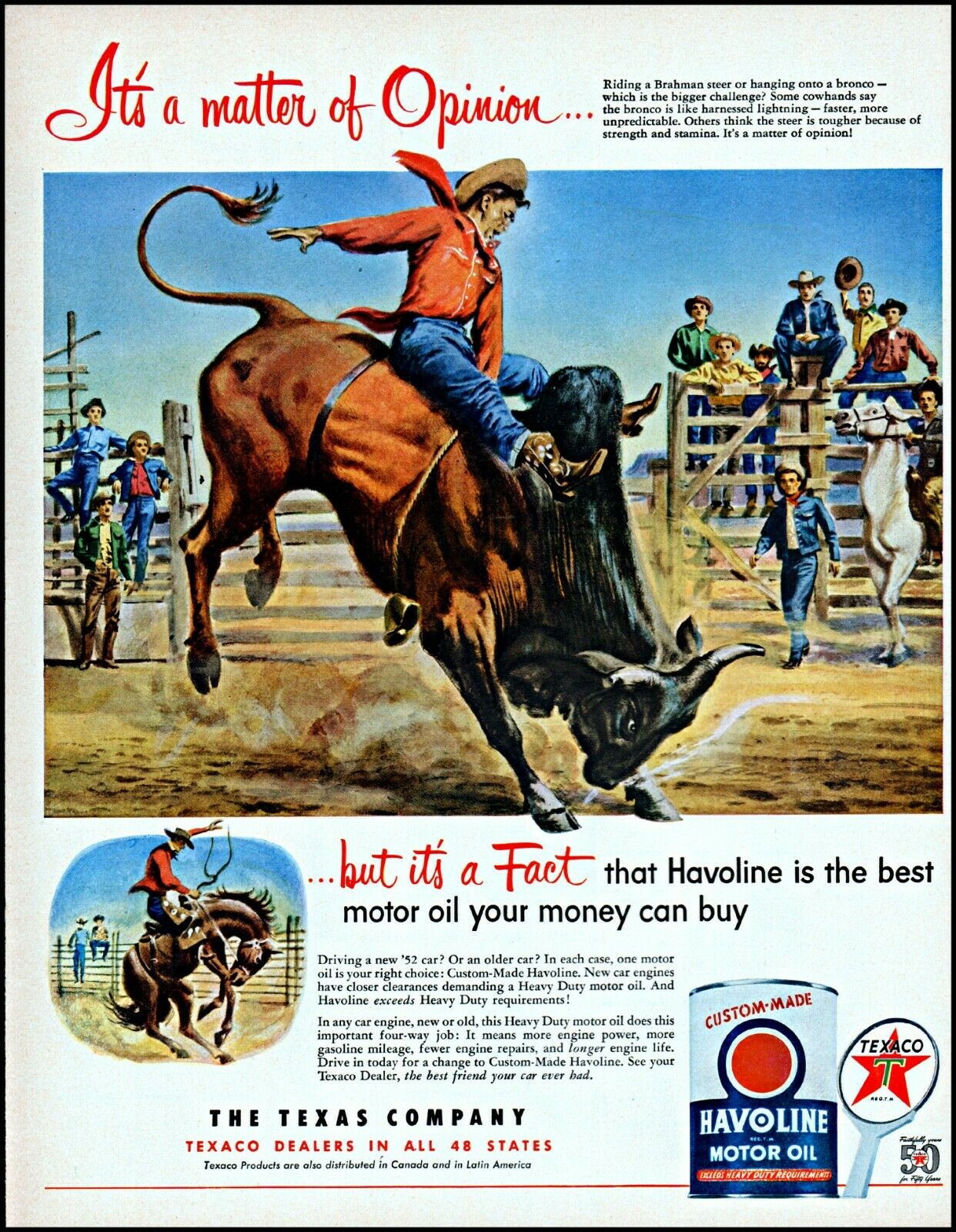 1952 Brahman Steer Riding Cowboy Texaco Motor Oil Vintage Art Print Ad Adl78