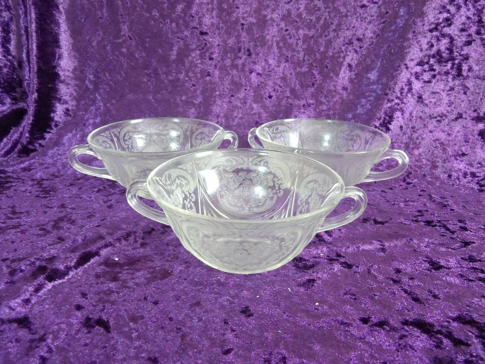 Hazel Atlas "royal Lace" Handled Cream/soup Bowls - Set Of 3