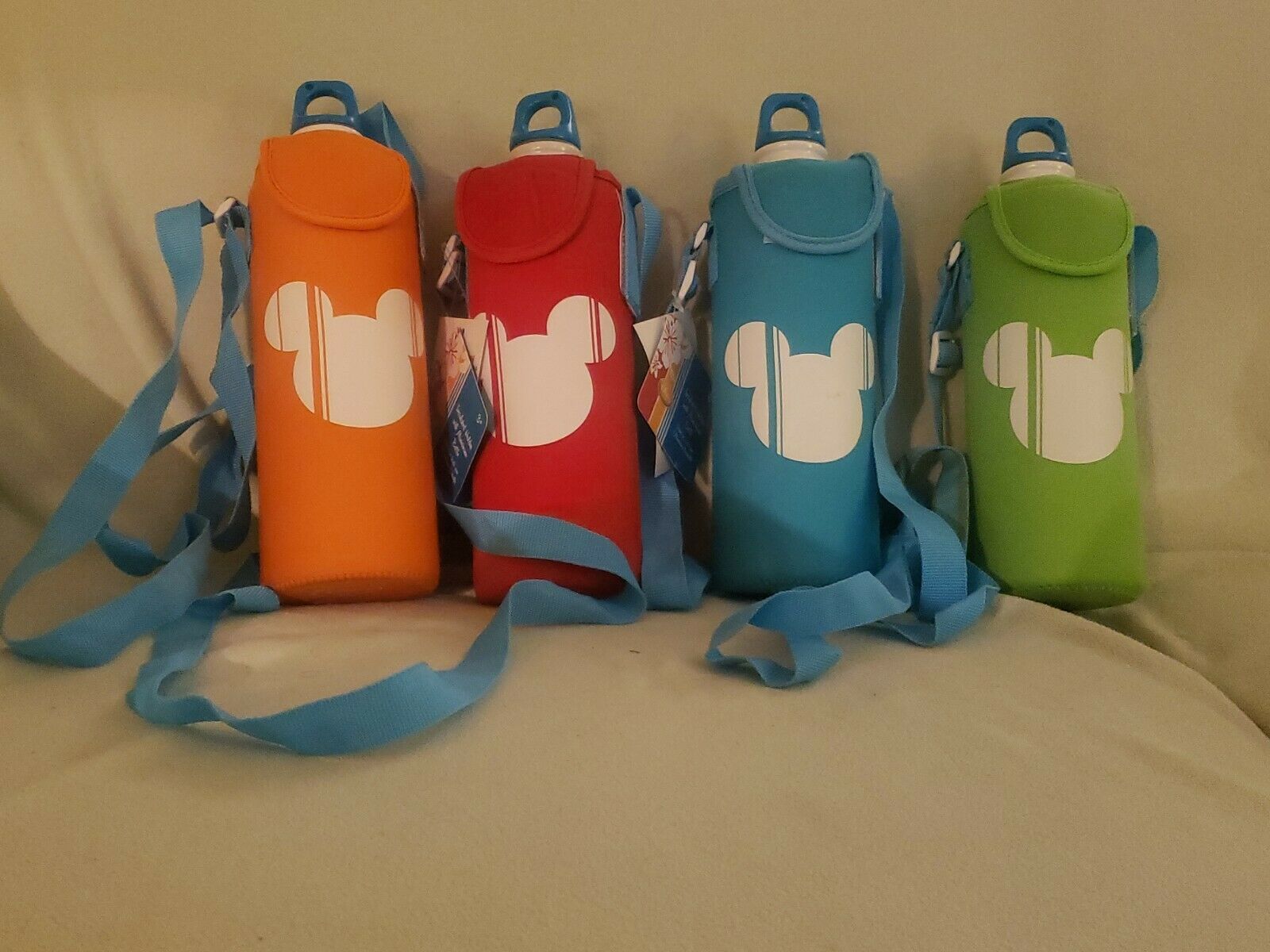 4 Disney Store Insulated Holders With Aluminum Bottle New Orange Red Blue Green
