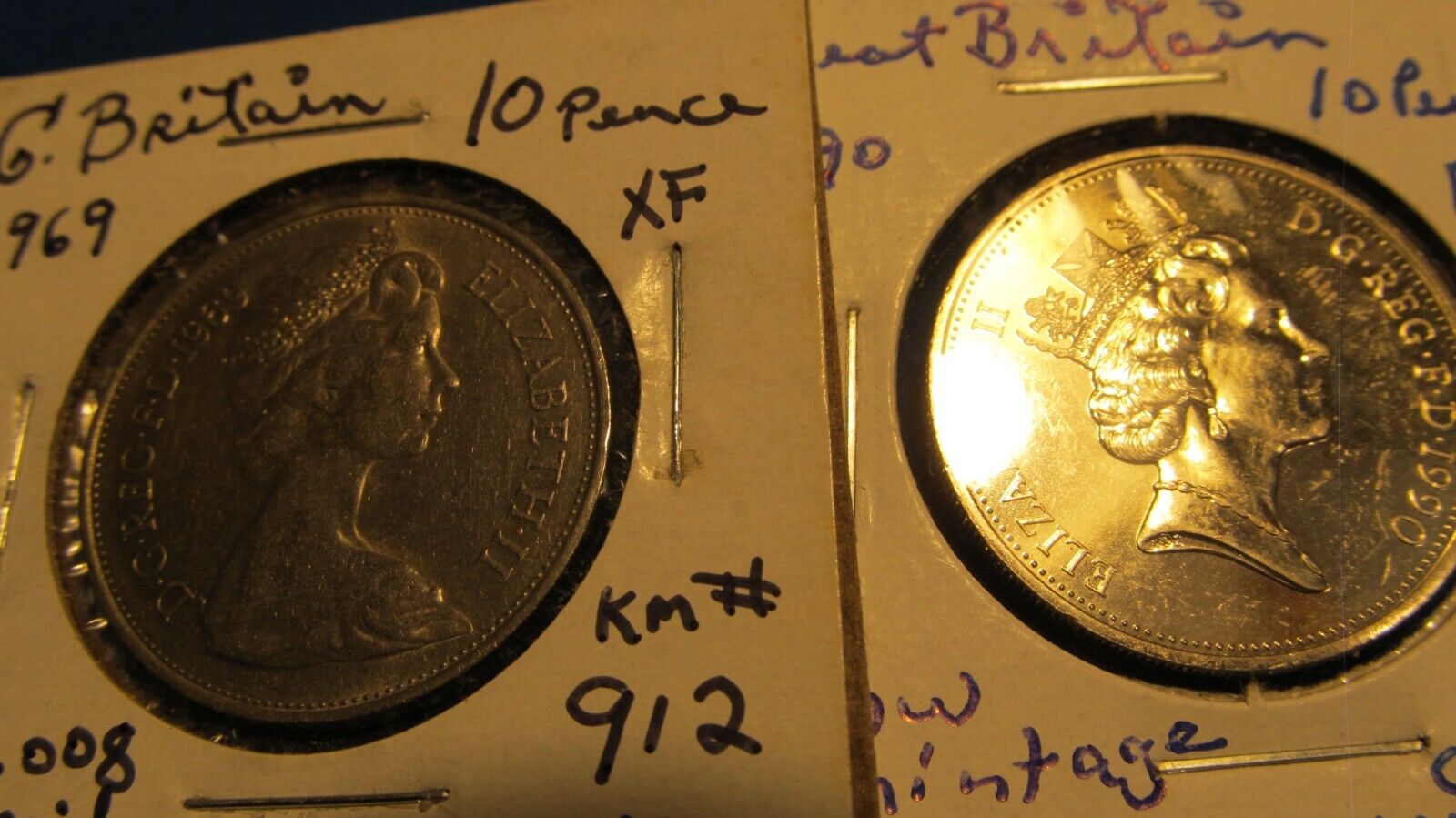 Great Britain 2 Coin Set  10 Pence Coins Queen Elizabeth Ii  1990 & 1969 Km#938