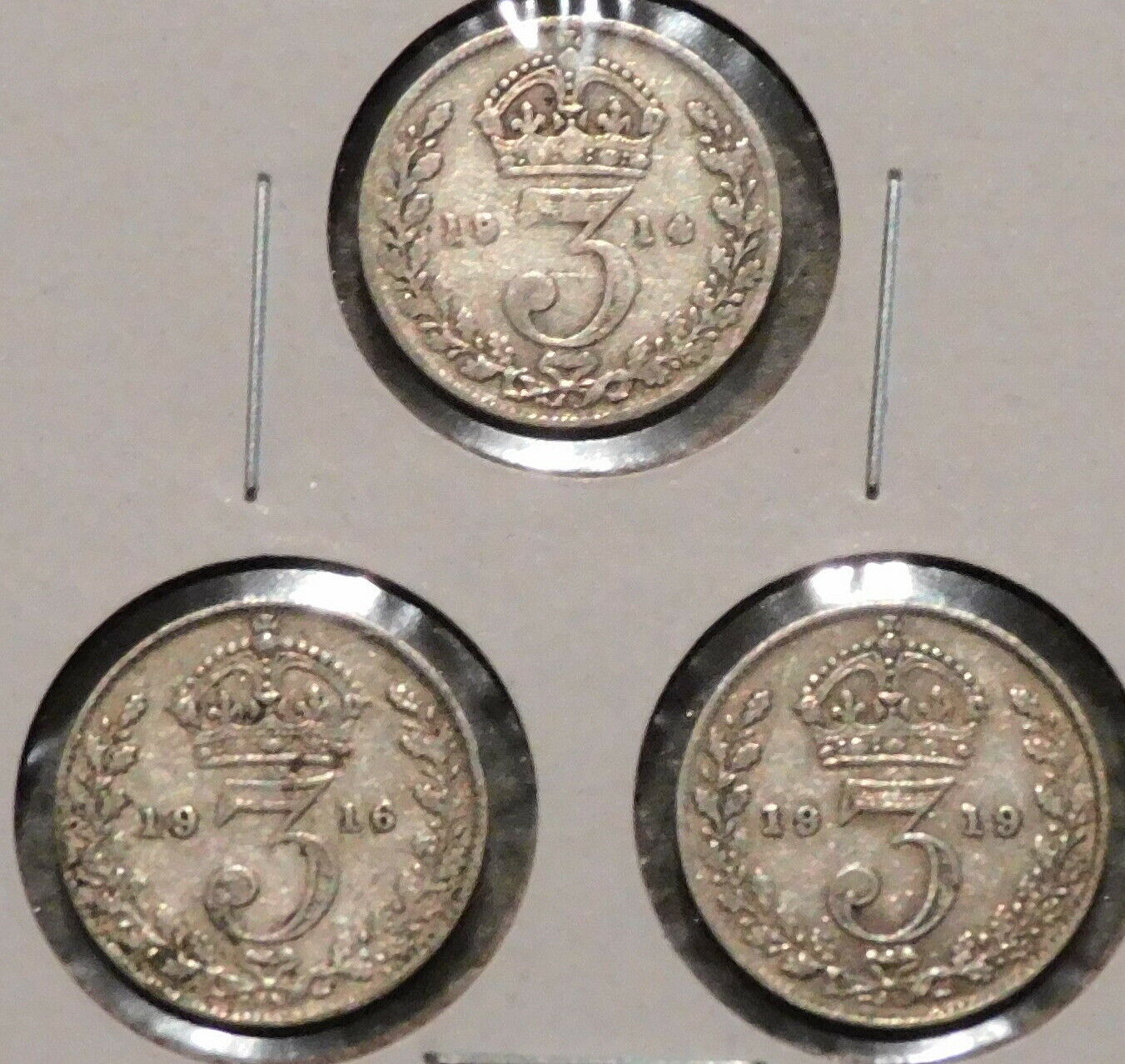 Set Of 3 British Silver Threepence - 1914 - 1916 - 1919 - King George V -04