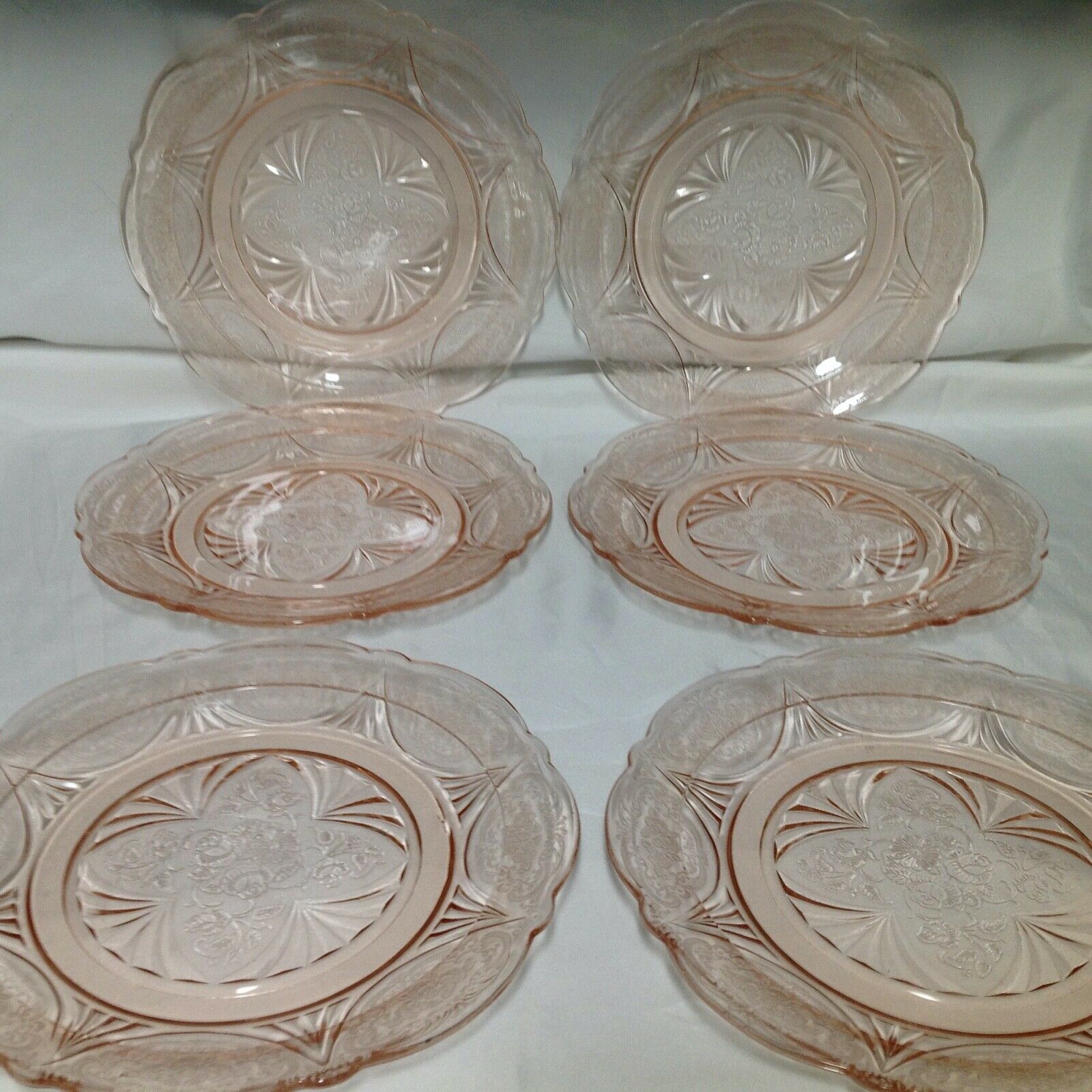 Set Of 6 Vintage Hazel Atlas Royal Lace Pink Glass Dinner Plates 10" Euc