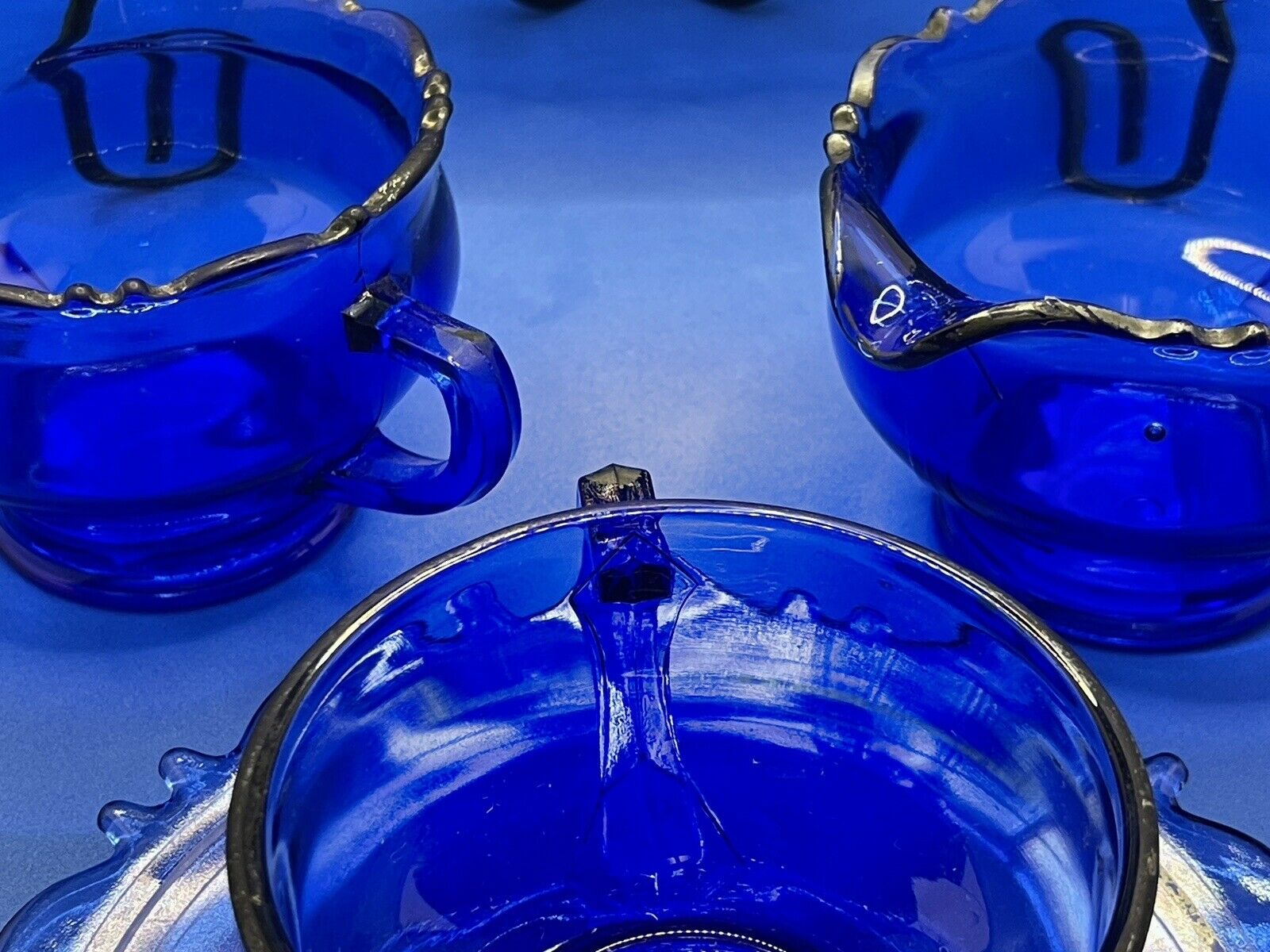 Three Royal Lace Cobalt Blue Depression Glass Cups & Saucers