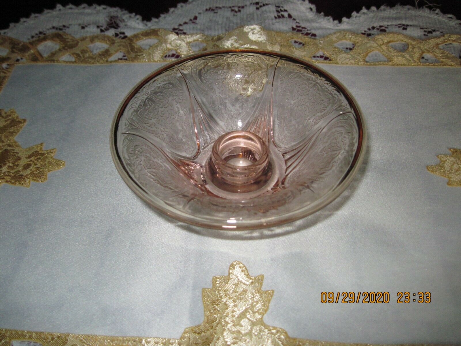 Hazel Atlas Royal Lace Pink Rolled Edge Candlestick Vintage Depression Glass