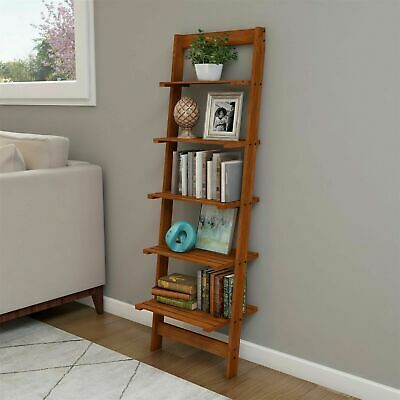 Five Tier Ladder Style Wooden Storage Bookshelf Display Cherry Finish
