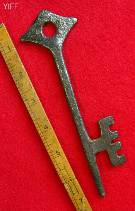Rare 12-14 Th. C. Romanesque Wrought Iron Skeleton Key - Lg 7" Museum Grade