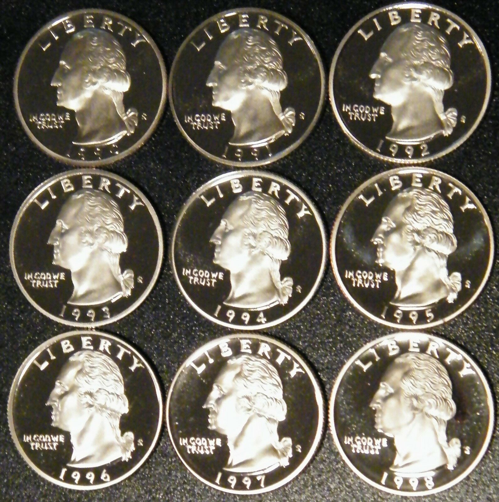 1990-1998 S Washington Quarter Gem Deep Cameo Proof Run 9 Coin Set Us Mint Lot.