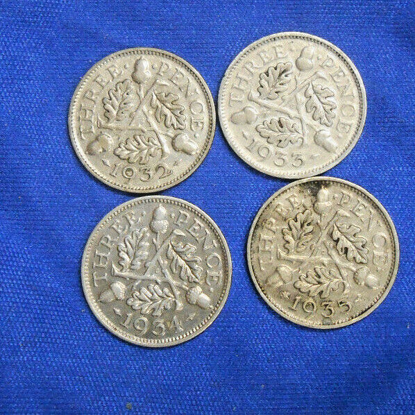 1932 1933 1934 1935 Uk Great Britain Georgivs V Silver 3 Pence 4 Coin Lot