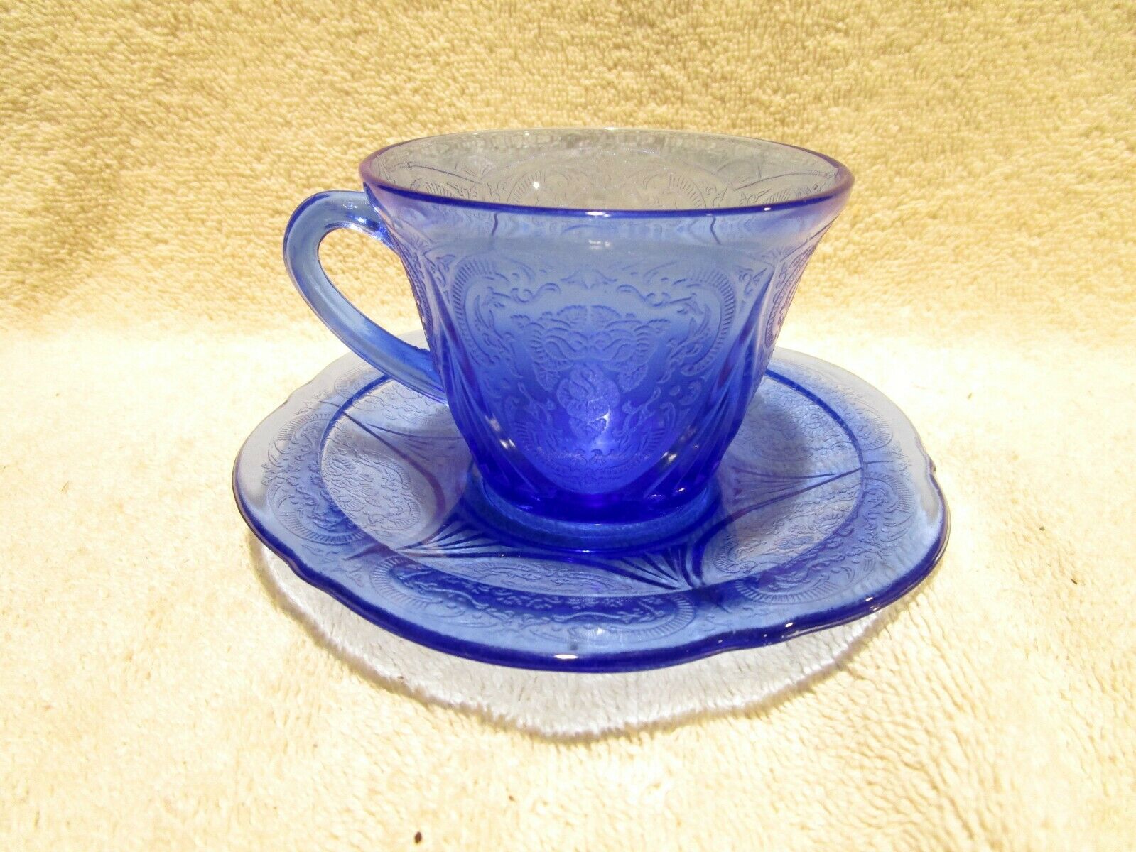 Vintage Hazel Atlas Royal Lace Blue Depression Glass Cup And Saucer
