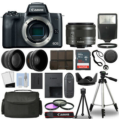 Canon Eos M50 Camera Body Black + 3 Lens Kit 15-45mm Is Stm+ 32gb + Flash & More